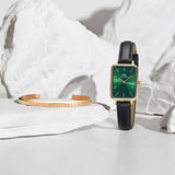 Daniel Wellington Quadro Pressed Melrose Emerald Green Dial Black Leather Strap Watch For Women - DW00100446