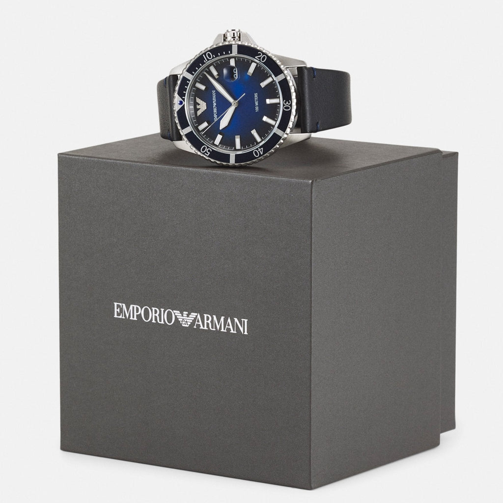 Emporio Armani Diver Three-Hand Quartz Blue Dial Blue Leather Strap Watch For Men - AR11516