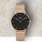 Daniel Wellington Classic Melrose Black Dial Rose Gold Mesh Bracelet Watch For Women - DW00100161