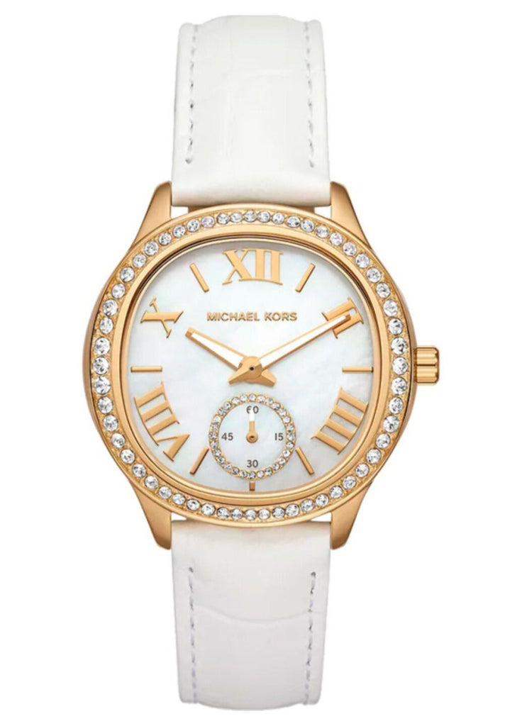 Michael Kors Sage Three-Hand Mother of Pearl White Dial White Leather Strap Watch for Women - MK4818