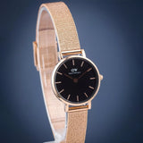 Daniel Wellington Petite Pressed Melrose Black Dial Rose Gold Mesh Strap Watch For Women - DW00100440