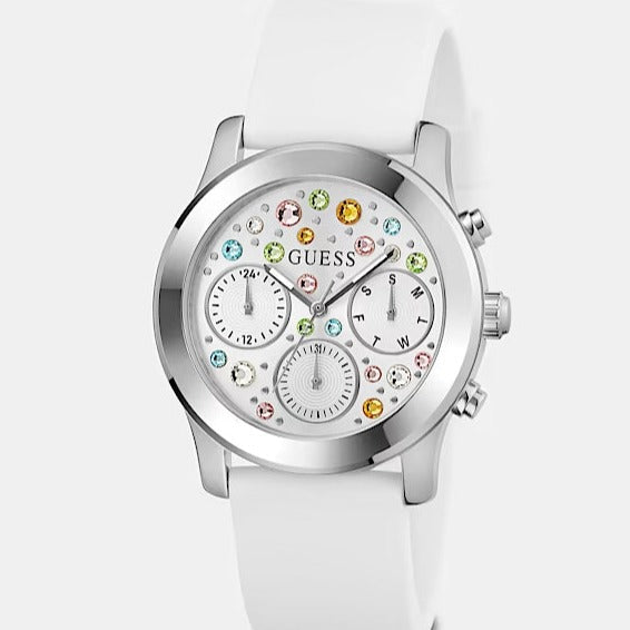 Guess Wanderlust Crystals Silver Dial White Rubber Strap Watch For Women - W1059L3