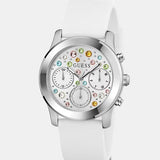 Guess Wanderlust Crystals Silver Dial White Rubber Strap Watch For Women - W1059L3