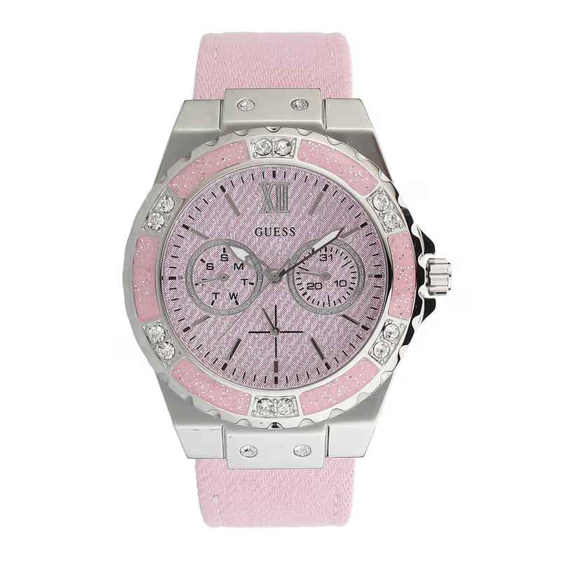Guess Limelight Quartz Diamonds Pink Dial Pink Denim Strap Watch For Women - W0775l15