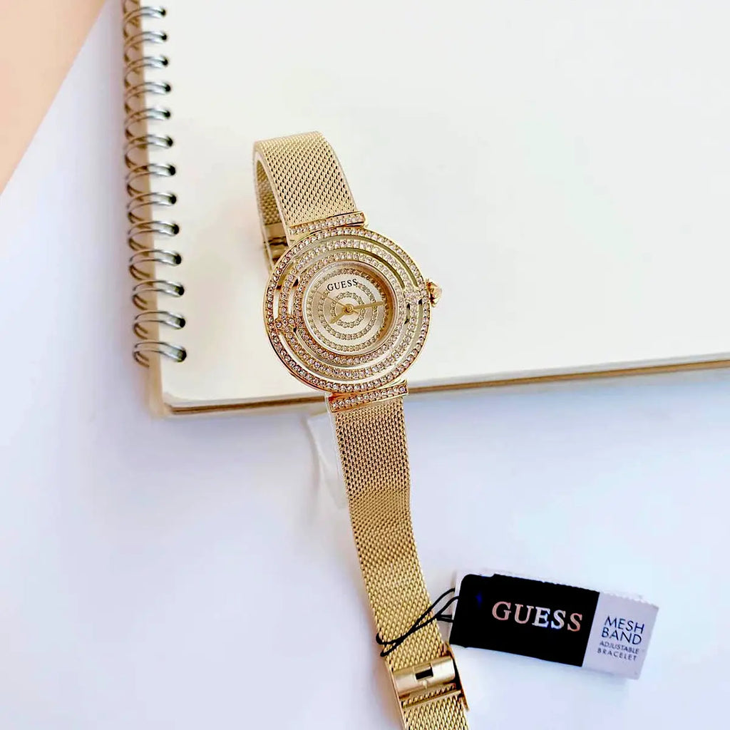 Guess Dream Quartz Gold Dial Gold Mesh Strap Watch For Women - GW0550L2