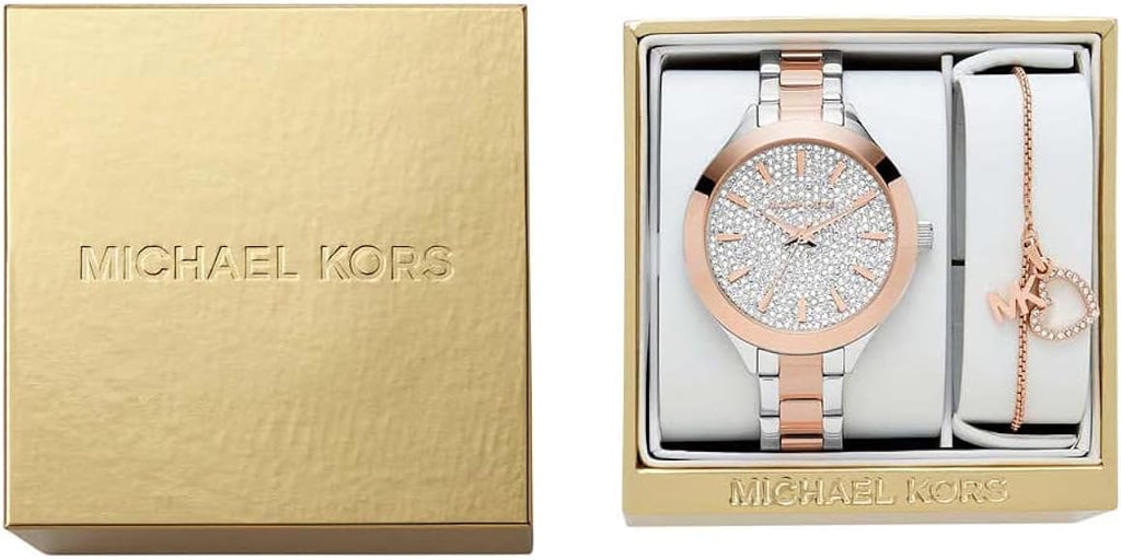Michael Kors Slim Runway Crystals Silver Dial Two Tone Steel Strap Watch for Women - MK1045