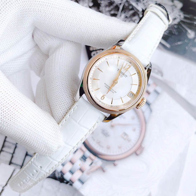 Tissot T-Classic Powermatic 80 Mother of Pearl Silver Dial White Leather Strap Watch For Women - T108.208.26.117.00