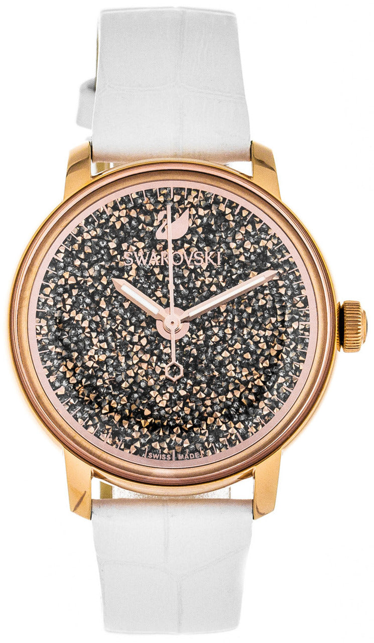 Swarovski レディース クォーツ 腕時計 Swarovski Crystalline Hours Quartz Grey Dial Black Leather Strap Watch
