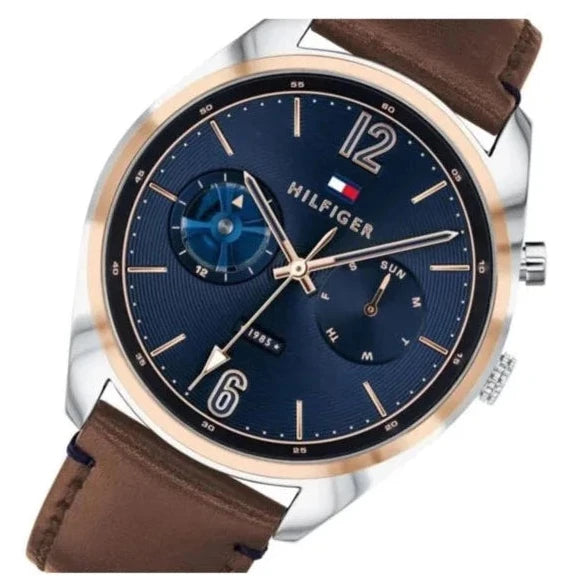 Tommy Hilfiger Deacan Blue Dial Brown Leather Strap Watch for Men - 1791549