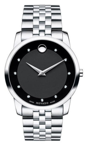 Movado Museum Diamonds Black Dial Silver Steel Strap Watch For Men - 606878