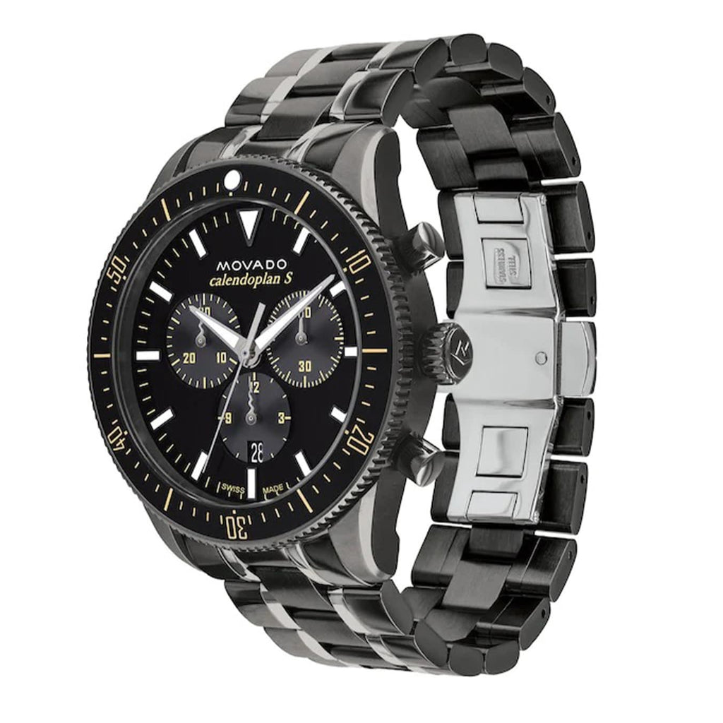Movado Heritage Calendoplan Chronograph Black Dial Black Steel Strap Watch For Men - 3650125