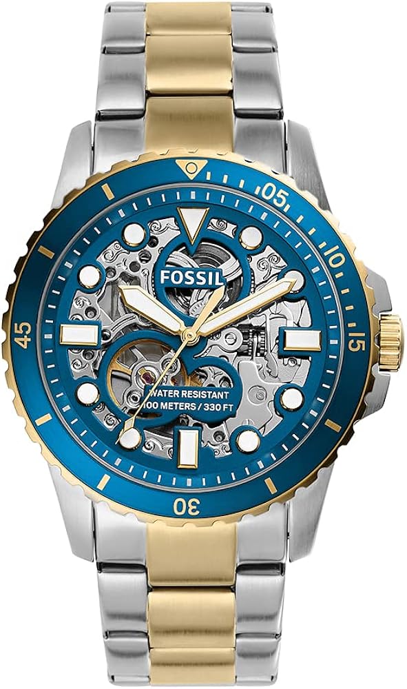 Fossil FB-01 Automatic Skeleton Blue Dial Two Tone Steel Strap Watch f