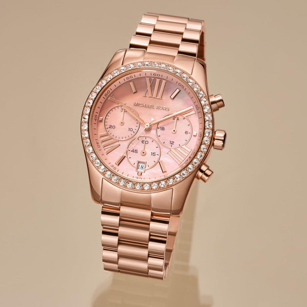Michael Kors Lexington Chronograph Rose Gold Dial Rose Gold Steel Strap Watch for Women - MK7242