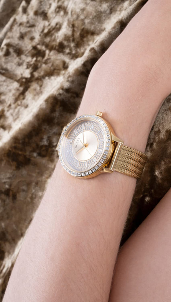 Guess Soiree Diamonds Gold Dial Gold Mesh Bracelet Watch for Women - GW0402L2