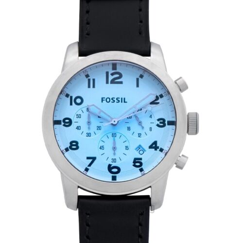 Fossil Pilot Chronograph Sky Blue Dial Black Leather Strap Watch for Men - FS5162