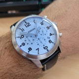 Fossil Pilot Chronograph Sky Blue Dial Black Leather Strap Watch for Men - FS5162