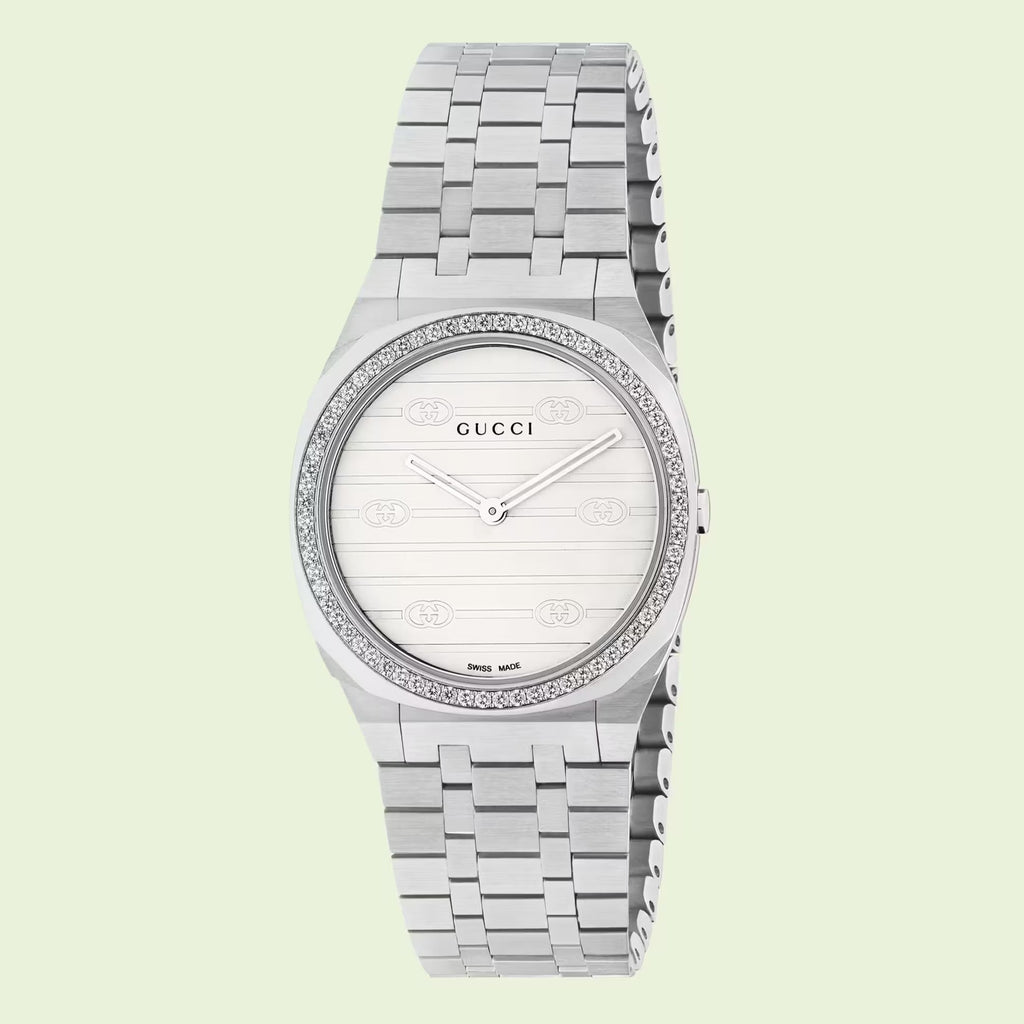 Gucci 25H Quartz Diamonds Silver Dial Silver Steel Strap Watch for Women - YA163401