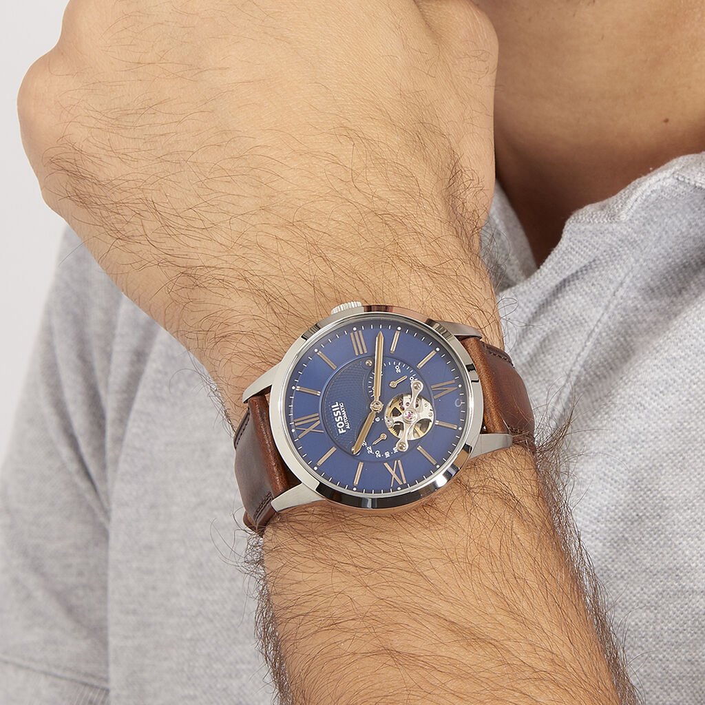 Fossil Townsman Automatic Blue Dial Brown Leather Strap Watch for Men - ME3110