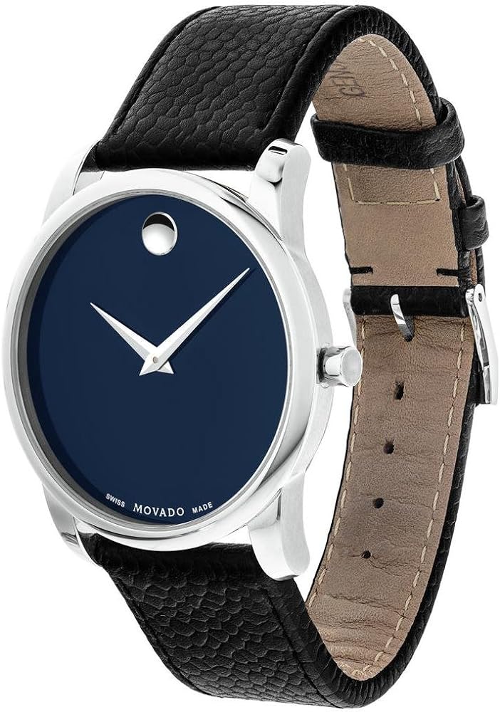 Movado Museum Blue Dial Black Leather Strap Watch For Men - 607013