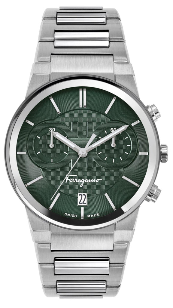 Salvatore Ferragamo Sapphire Chrono Green Dial Silver Steel Strap Watch for Men - SFME00421