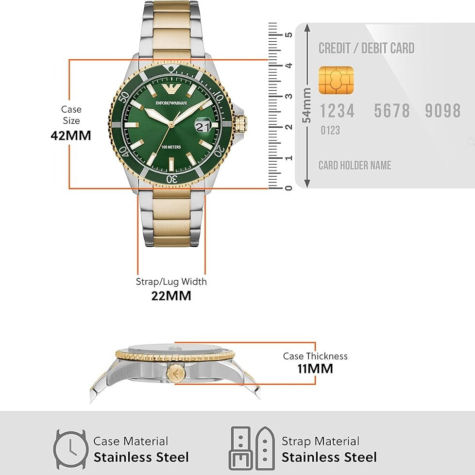 Emporio Armani Diver Chronograph Green Dial Two Tone Steel Strap Watch For Men - AR80063