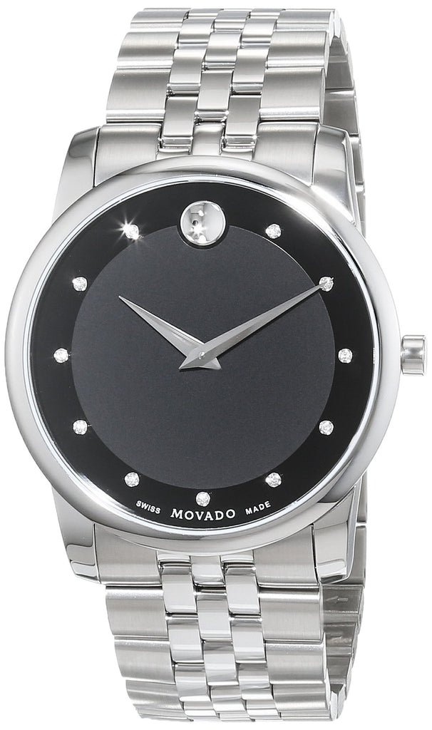 Movado Museum Diamonds Black Dial Silver Steel Strap Watch For Men - 606878