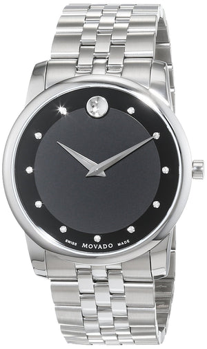 Movado Museum Diamonds Black Dial Silver Steel Strap Watch For Men - 606878