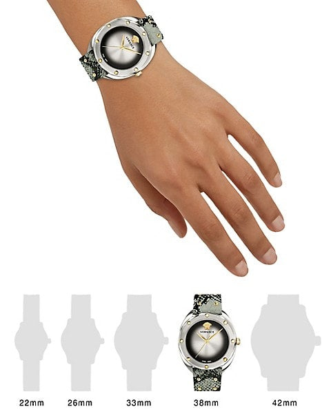 Versace Shadov Quartz Silver Dial Snakeskin Green Leather Strap Watch for Women - VEBM00718
