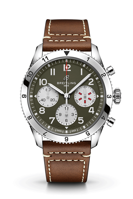 Breitling Avi Chronograph 42 Curtiss Warhawk Green Dial Brown Leather Strap Watch for Men - A233802A1L1X1