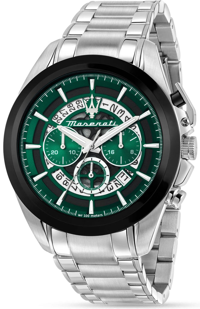 Maserati Traguardo Chronograph Green Dial Silver Steel Strap Watch For Men - R8873612060