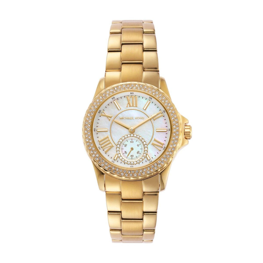 Michael Kors Everest Three-Hand Mother of Pearl White Dial Gold Steel Strap Watch For Women - MK7363