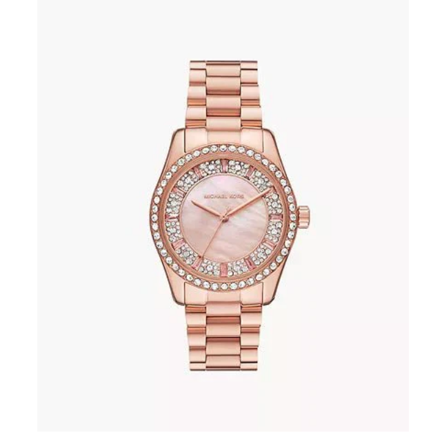 Michael Kors Lexington Three Hand Mother of Pearl Pink Dial Rose Gold Steel Strap Watch For Women - MK7444