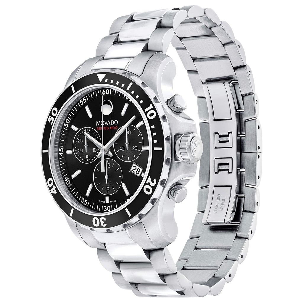 Movado Series 800 Chronograph Black Dial Silver Steel Strap Watch For Men - 2600142