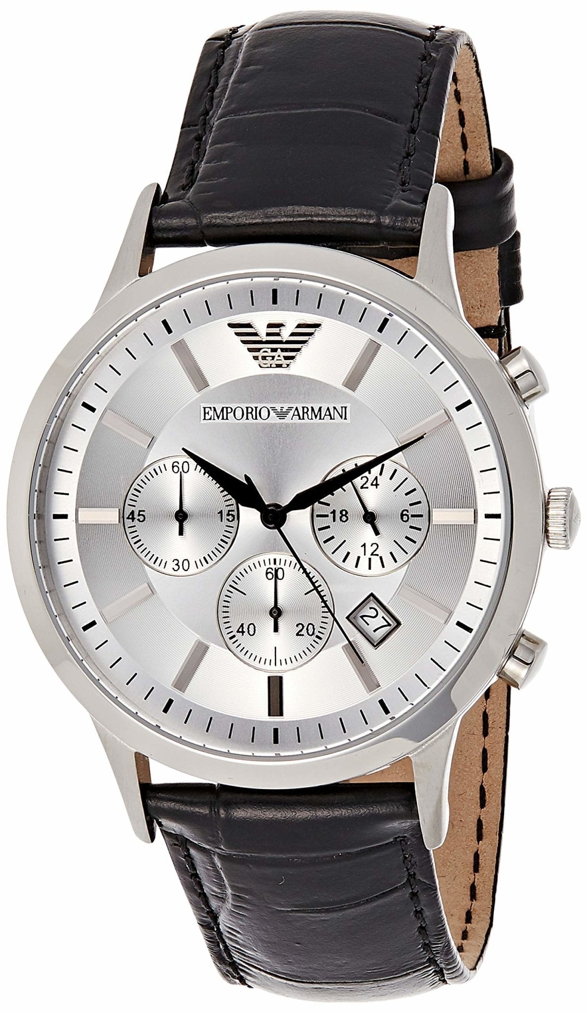 Emporio Armani Classic Chronograph Silver Dial Black Leather Strap Wat