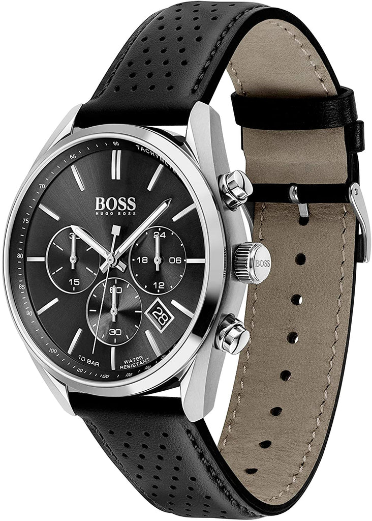Hugo Boss Champion Black Dial Black Leather Strap Watch for Men - 1513816