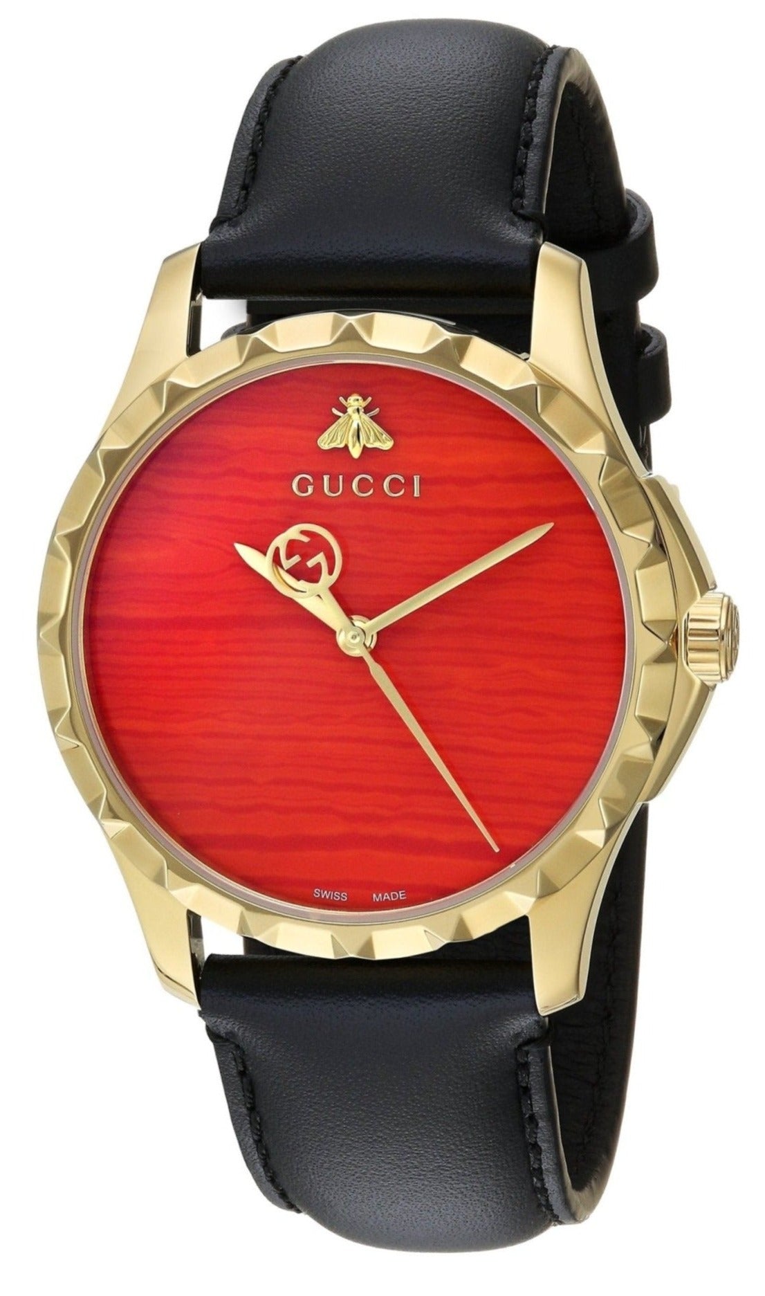 Gucci G Timeless Coral Red Dial Black Leather Strap Watch For Men - YA