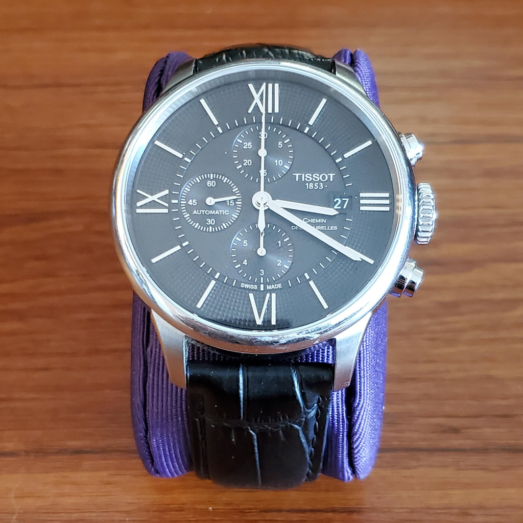 Tissot T Classic Chemin Des Tourelles Chronograph Black Dial Black Leather Strap Watch For Men - T099.427.16.058.00