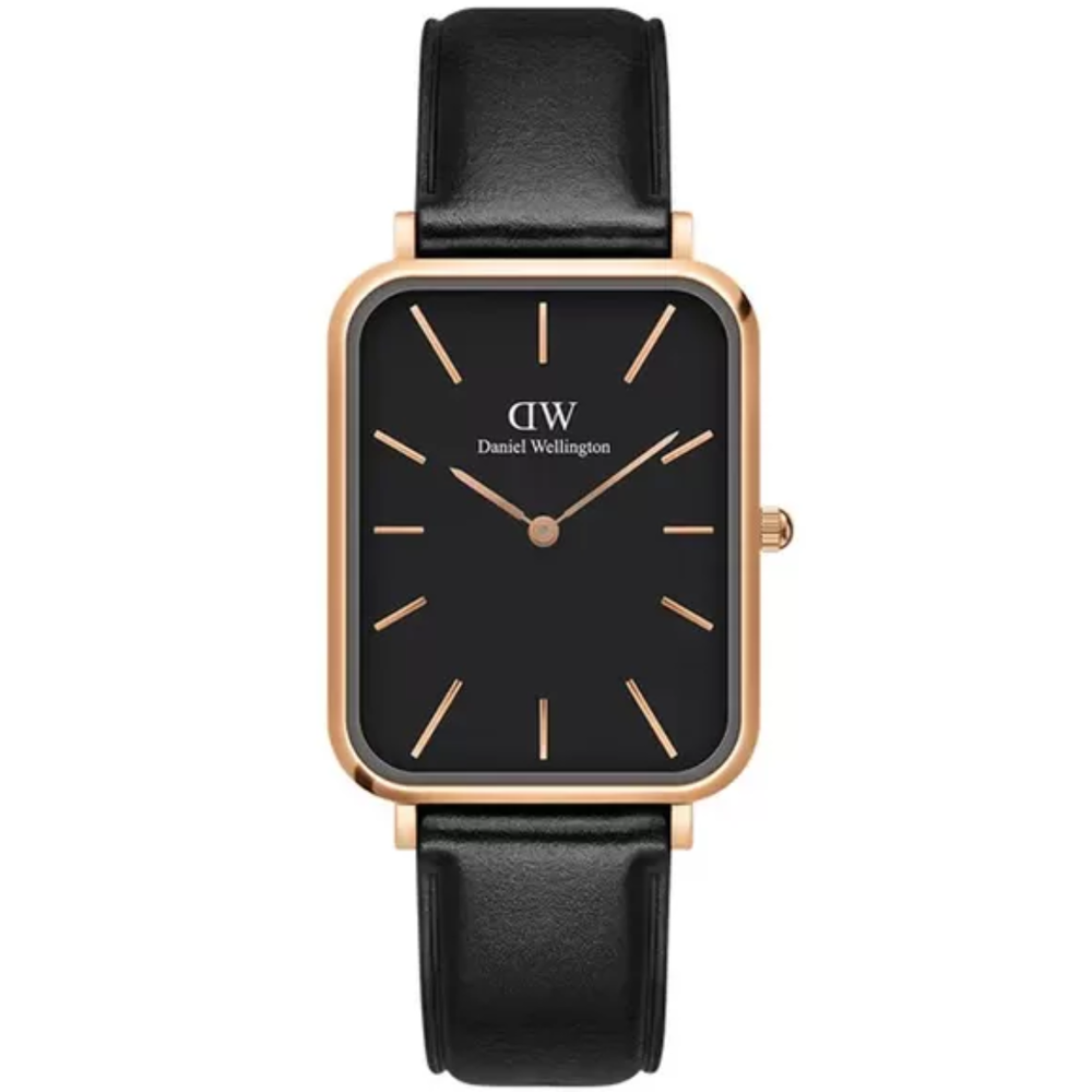 Daniel Wellington Quadro Black Dial Black Leather Strap Watch For Women  - DW00100449