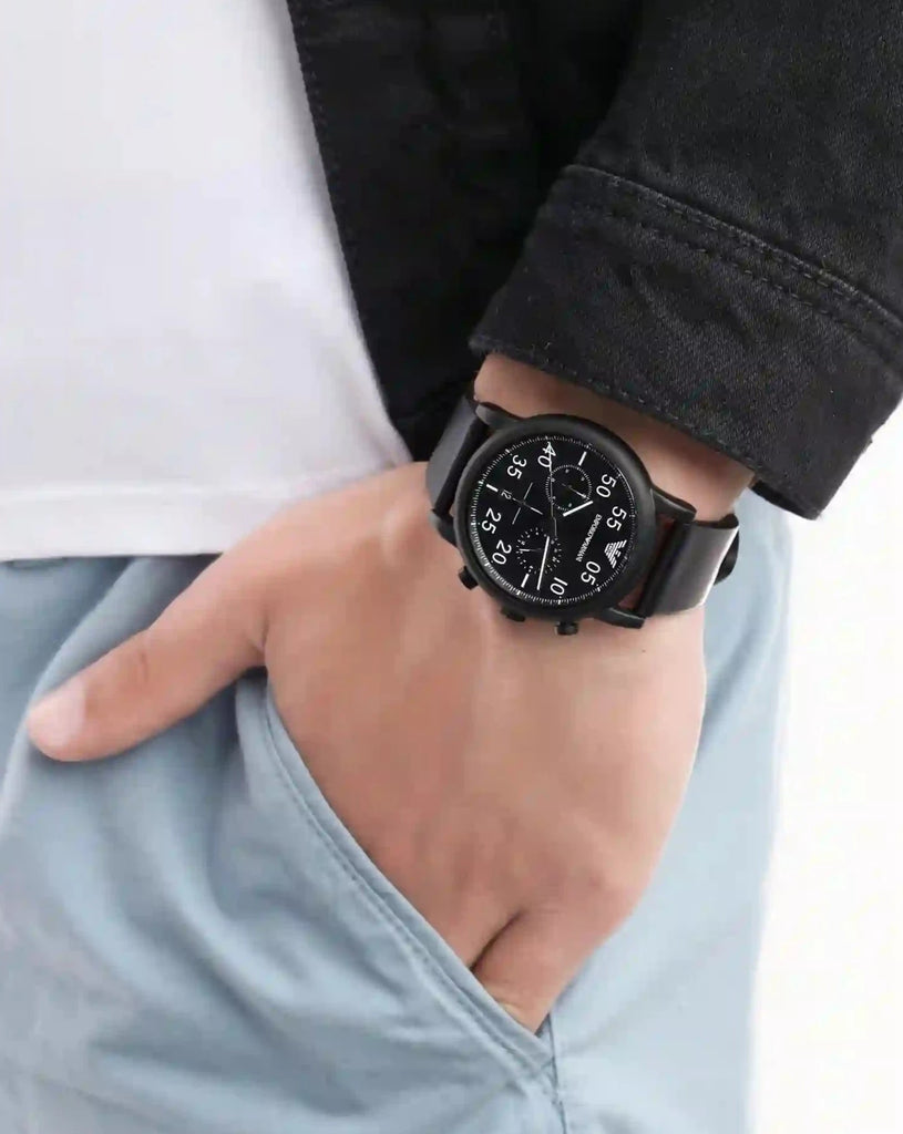 Emporio Armani Luigi Chronograph Black Dial Black Leather Strap Watch For Men - AR11133