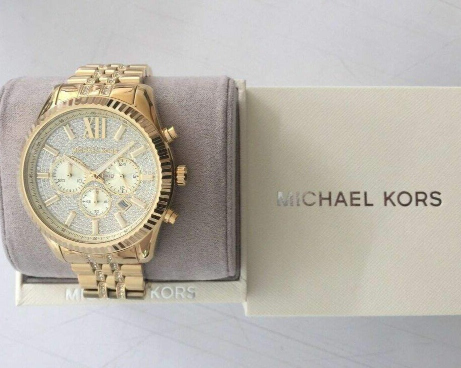 Michael Kors Lexington Chronograph Gold Dial Gold Steel Strap Watch For Men - MK8579