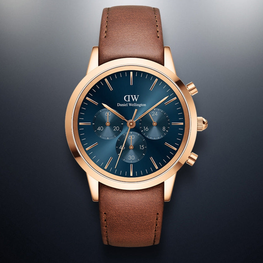 Daniel Wellington Iconic Chronograph Blue Dial Brown Leather Strap Watch For Men - DW00100639