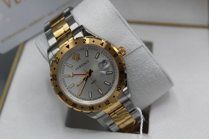 Versace Hellenyium GMT Silver Dial Two Tone Steel Strap Watch for Men - V11030015
