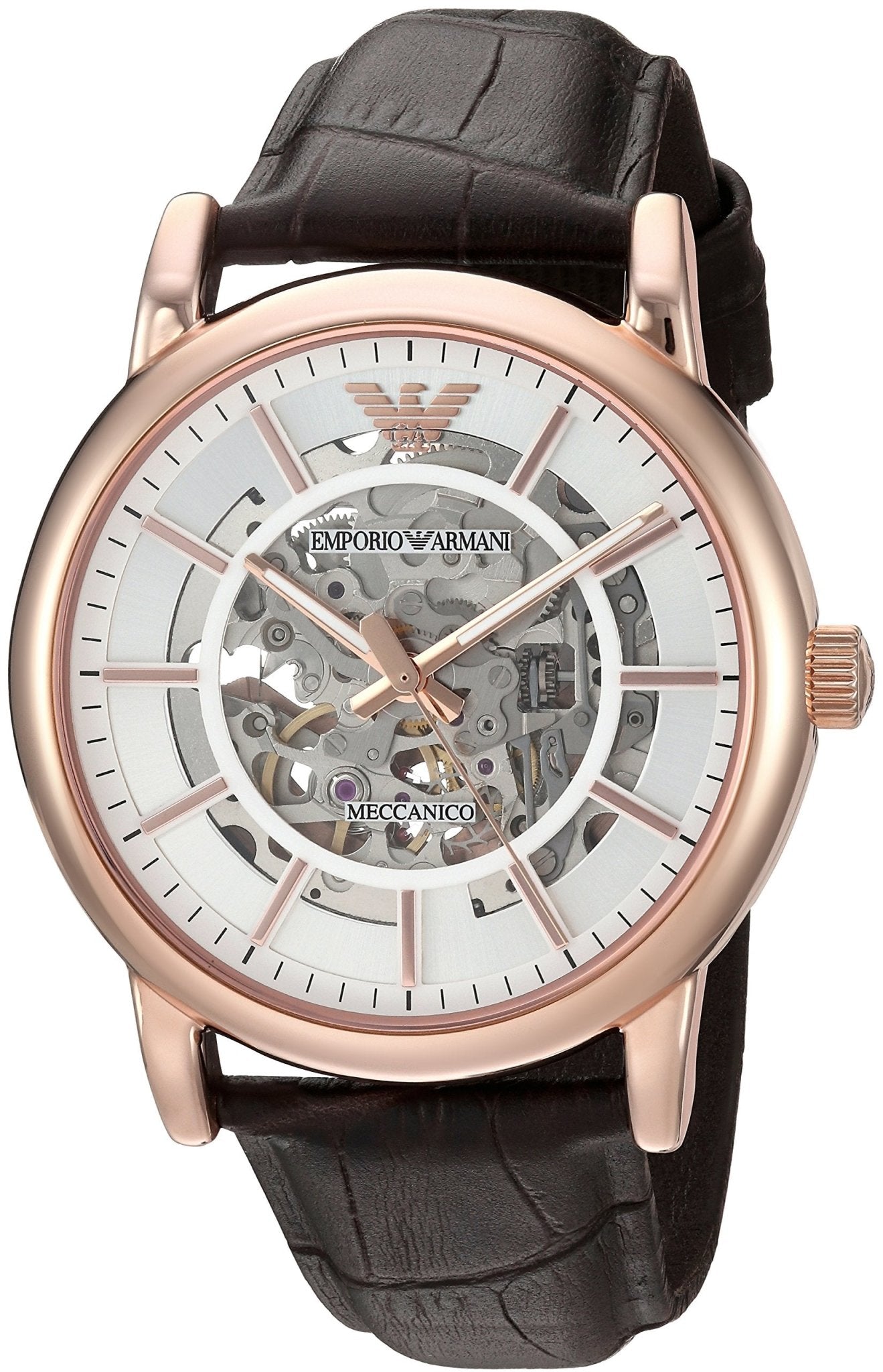 Emporio Armani Meccanico 自動巻き時計 Emporio Armani Meccanico Silver Skeleton Dial Brown Leather Strap Watc