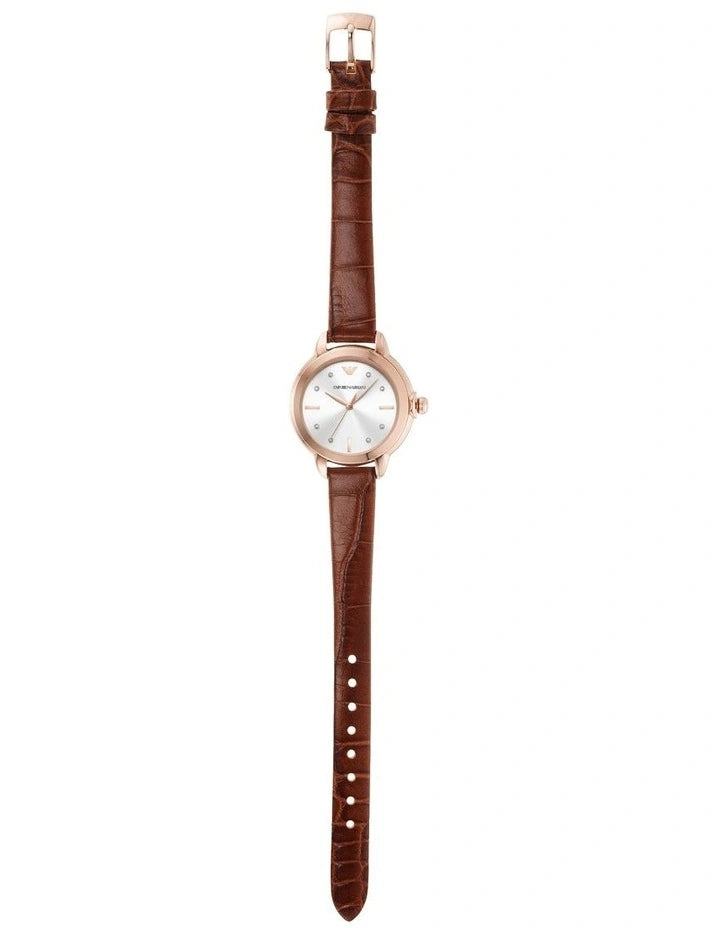 Emporio Armani Mia Quartz Silver Dial Brown Leather Strap Watch For Women - AR11525