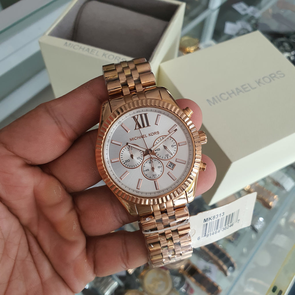 Michael Kors Lexington Chronograph White Dial Rose Gold Steel Strap Watch For Women - MK8313