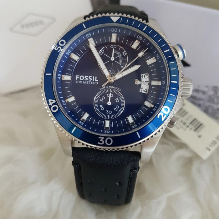 Fossil Wakefield Chronograph Blue Dial Black Leather Strap Watch for Women - CH2945