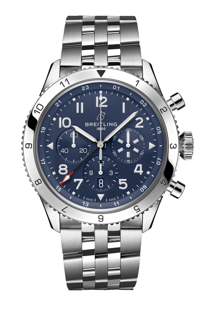 Breitling Super Avi B04 Chronograph GMT 46 Tribute to Vought F4U Corsair Blue Dial Silver Steel Strap Watch for Men - AB04451A1C1A1