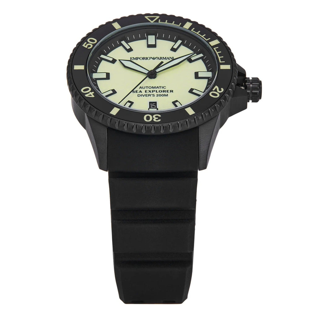 Emporio Armani Sea Explorer Automatic Yellow Dial Black Silicone Strap Watch For Men - AR60085