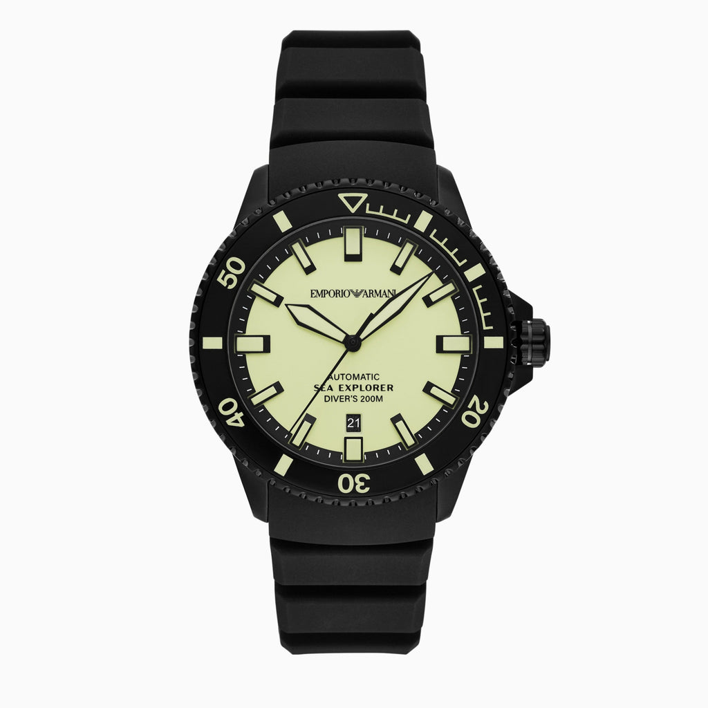 Emporio Armani Sea Explorer Automatic Yellow Dial Black Silicone Strap Watch For Men - AR60085