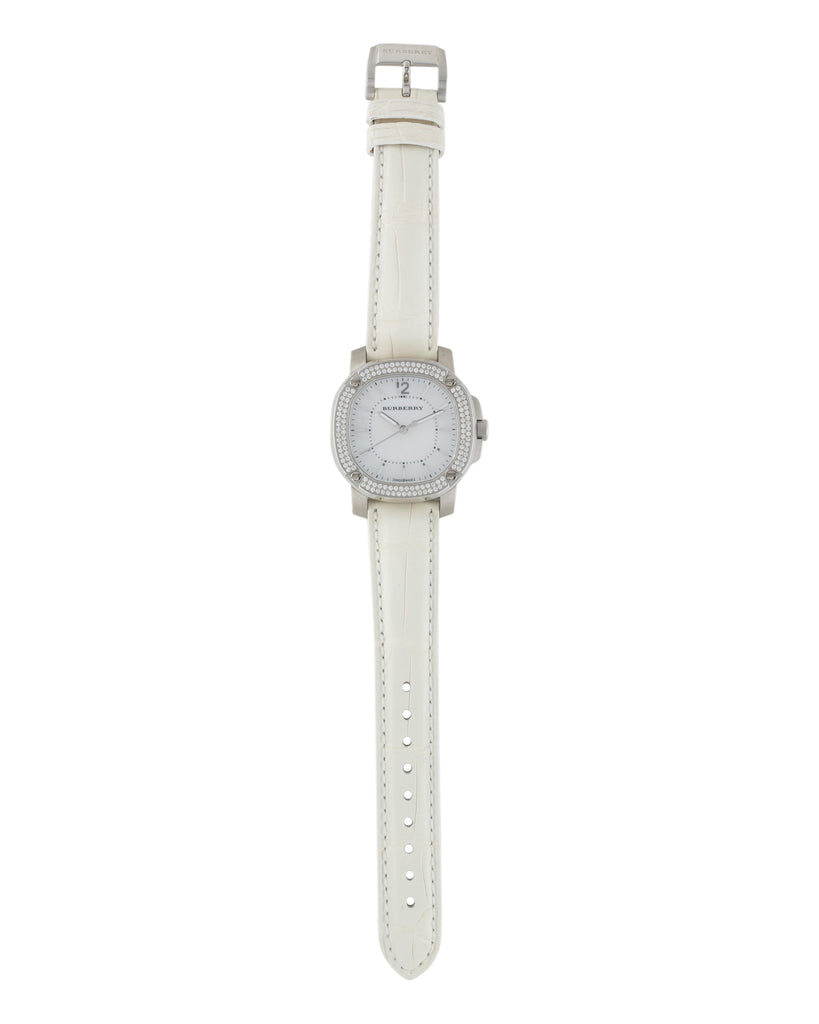 Burberry The Britain Diamonds Mother of Pearl Dial White Leather Strap Watch for Women - BBY1800